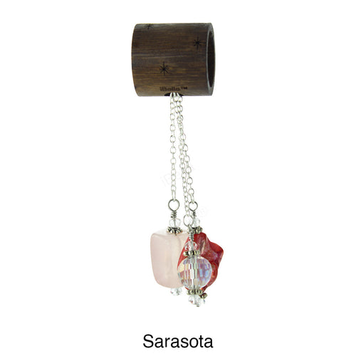 iBella® scarf slide jewelry set named Sarasota -  scarf slide set bead combination with the coral natural shell pendant. This scarf slide set is pictured hanging.  iBella® Scarf Slides and scarf slide sets, jewelry sets.