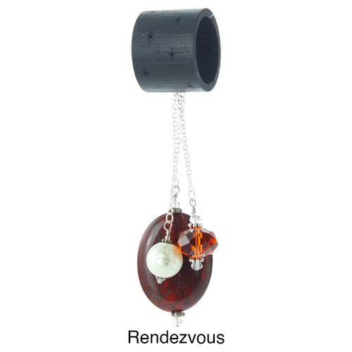 iBella® scarf slide jewelry set named Rendezvous - scarf slide set bead combination with the red pendant. This scarf slide set is pictured hanging.  iBella® Scarf Slides and scarf slide sets, jewelry sets.