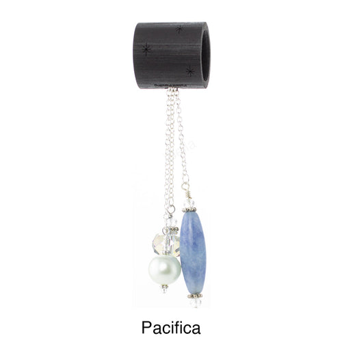 iBella® scarf slide jewelry set named Pacifica - alternate scarf slide set bead combination with the blue pendant. This scarf slide set is pictured hanging.  iBella® Scarf Slides and scarf slide sets, jewelry sets.