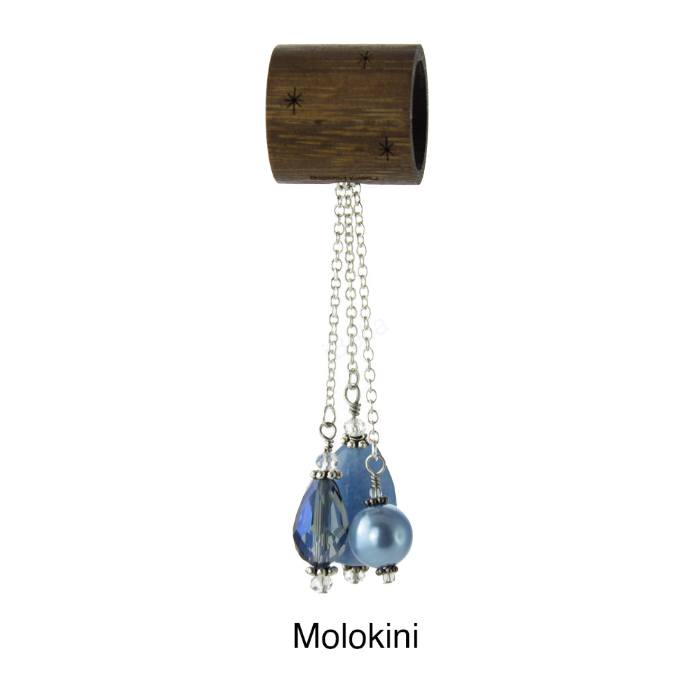 iBella® scarf slide jewelry set named Molokini - alternate scarf slide set bead combination with the blue pendant. This scarf slide set is pictured hanging.  iBella® Scarf Slides and scarf slide sets, jewelry sets.