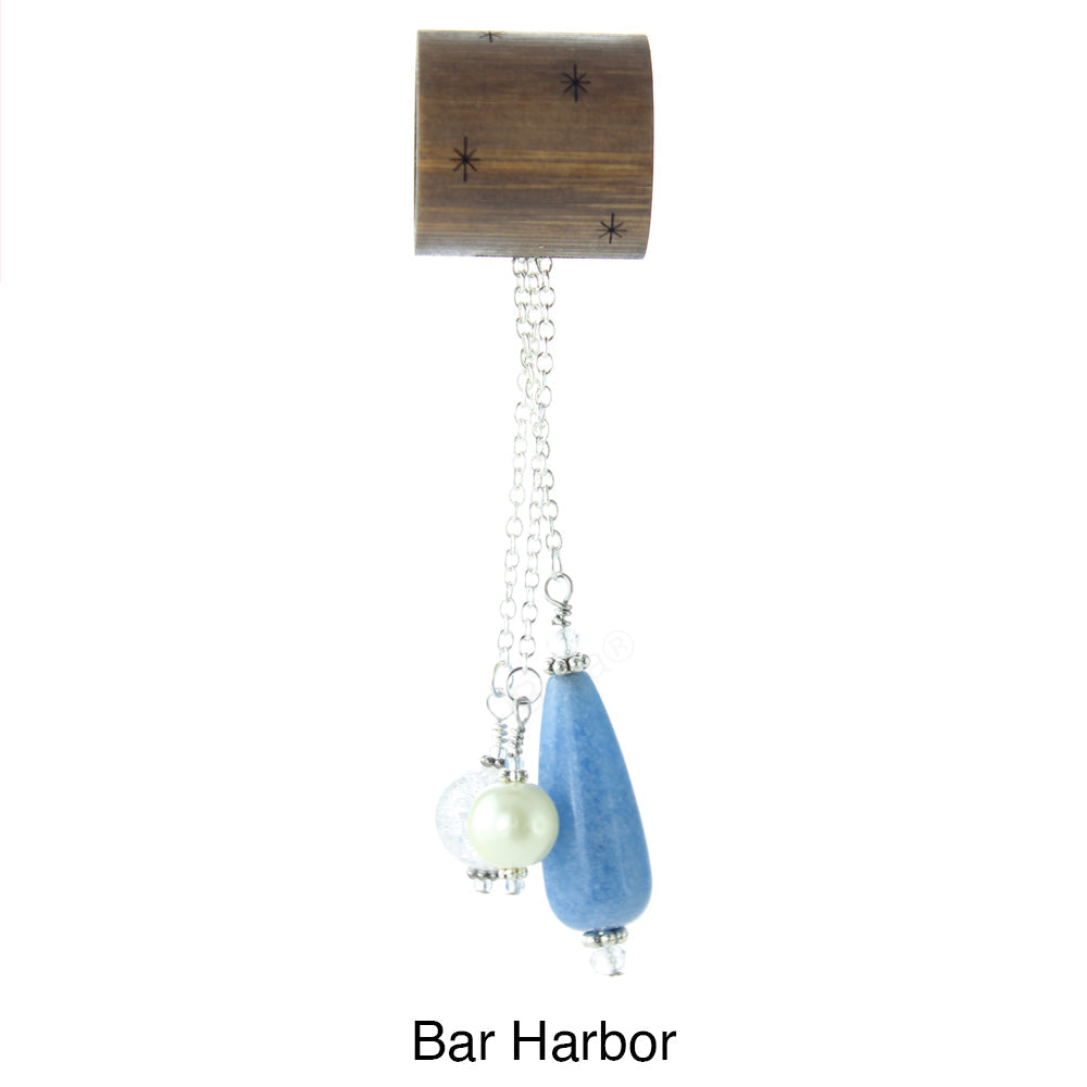 iBella® scarf slide jewelry set named Bar Harbor - scarf slide set bead combination with the blue pendant. This scarf slide set is pictured hanging.  iBella® Scarf Slides and scarf slide sets, jewelry sets.