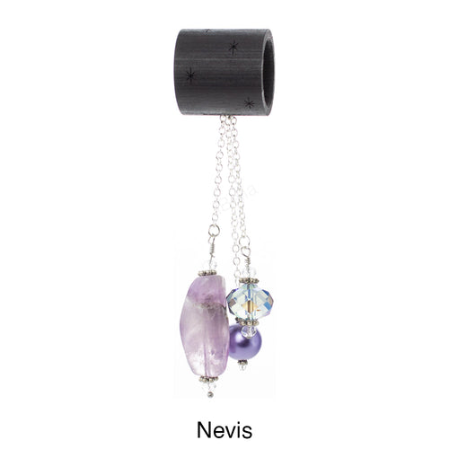 iBella® scarf slide jewelry set named Nevis - alternate scarf slide set bead combination with the amethyst pendant. This scarf slide set is pictured hanging.  iBella® Scarf Slides and scarf slide sets, jewelry sets.