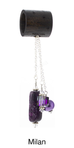 iBella® scarf slide jewelry set named Milan -  scarf slide set bead combination with the dark purple pendant. This scarf slide set is pictured hanging.  iBella® Scarf Slides and scarf slide sets, jewelry sets.
